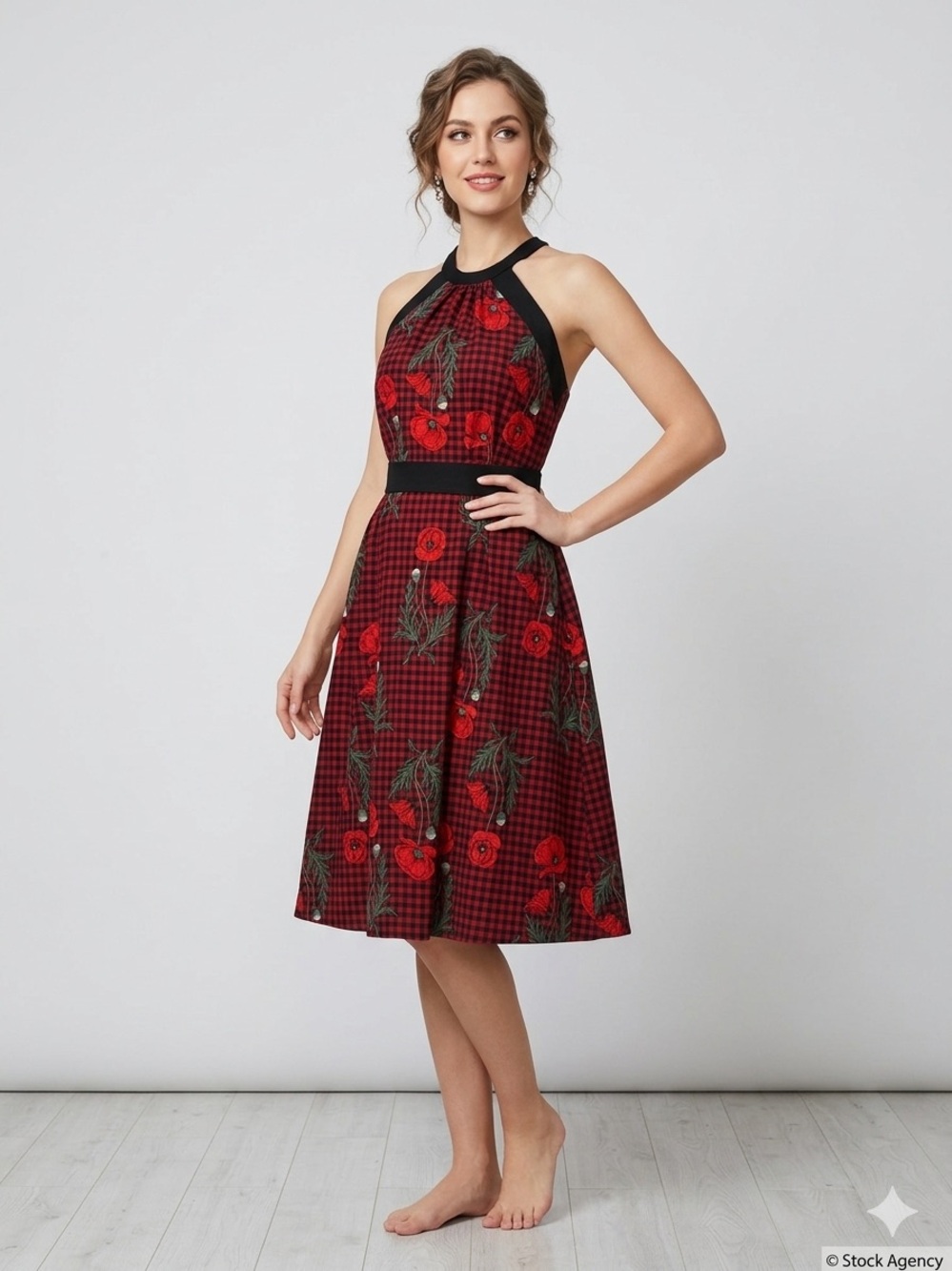 Entro women’s red/black floral plaid tie waist dress size small